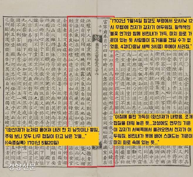 백두산의 화산활동은 빈번했다. 그중 1702년(숙종28) 5월14일 일어난 분화의 규모는 상당했다. 백두산 분화로 뿜어진 화산재가 함경도 부령과 경성까지  날아왔다는 기록이 보인다.