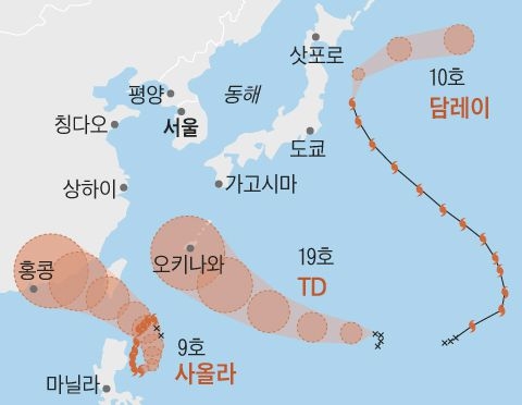 19호 열대저압부가 11호 태풍으로 발달할 전망이라 태풍 3개가 한반도 주변에 발생할 것으로 예상된다. [사진출처 = 기상청]