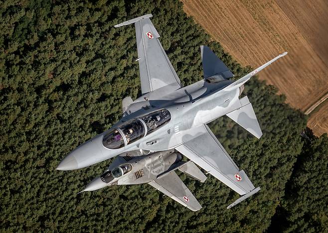 ‘라돔에어쇼 2023’ 참가를 위해 FA-50GF(사진 위쪽)와 MIG-29가 함께 비행하고 있다. [폴란드 국방부 제공]