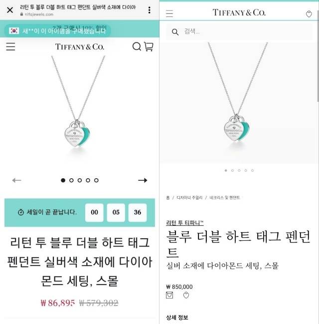 티파니앤코 사칭 사이트 제품(왼쪽)과 공식 사이트 제품 이미지/사진= 각 사 웹사이트