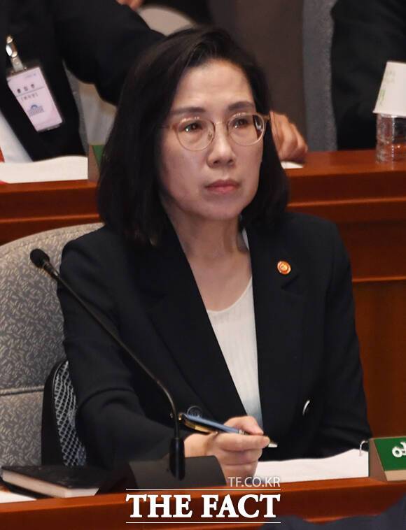 김현숙 여성가족부 장관이 30일 서울 여의도 국회에서 열린 국회 예산결산특별위원회 전체회의에 출석해 질의를 듣고 있다.