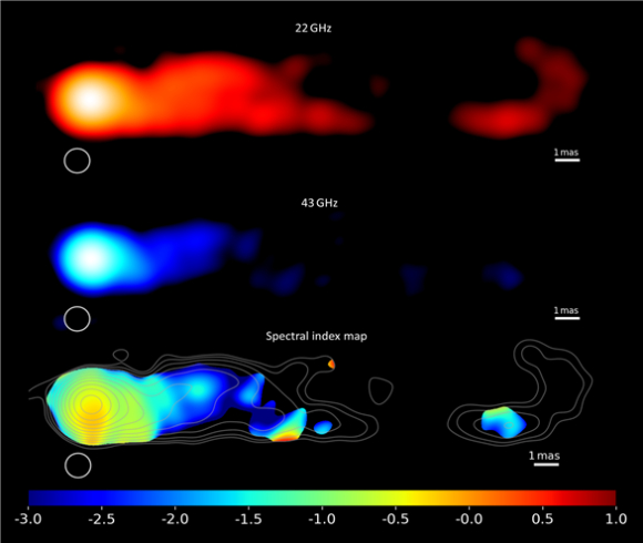 M87에서 뿜어져 나온 제트의 복사냉각 분포도. 복사냉각은 자기장 강도의 제곱에 비례한다. 서로 다른 주파수대(22GHz, 43GHz)에서 관측한 복사냉각 분포를 분석하면 자기장 강도를 추정할 수 있다. 색이 푸른 계열일수록 플라즈마가 방사 냉각에 의해 더 많이 냉각됐음을 나타내며 붉은 계열일수록 덜 냉각됐음을 의미한다. [사진=천문연]
