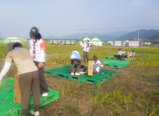 2023 새만금 세계스카우트잼버리 대회에 참석한 대원들이 침수로 물러진 땅 위에 텐트를 짓기 위해 팔레트를 설치하고 있다. 연합뉴스