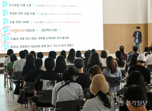 (기사와 직접적인 관련 없음)최근 군포시청 대회의실에서 열린 '2024학년도 수시대비 대학입시 설명회'에서 참여한 학부모와 학생들이 입시설명을 집중해서 듣고 있다. 홍기웅기자