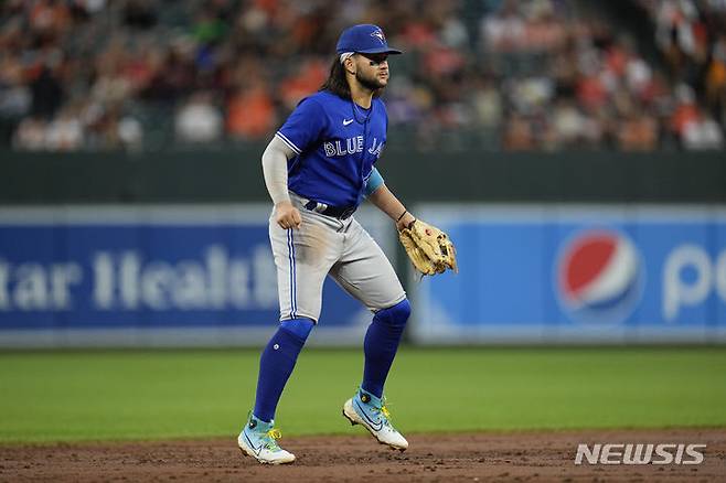 Toronto Blue Jays shortstop Bo Bichette waits for a pitch during the second inning of a baseball game against the Baltimore Orioles, Wednesday, Aug. 23, 2023, in Baltimore. (AP Photo/Julio Cortez)