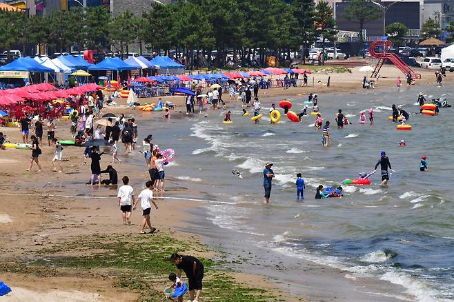 지난 13일 오후 경북 포항시 북구 영일대해수욕장을 찾은 피서객들이 물놀이를 하며 더위를 식히고 있다. /뉴스1