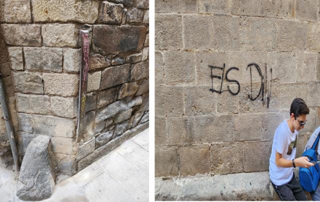중세시대의 분위기를 그대로 간직한 바르셀로나 고딕지구 곳곳에는 관광객들이 남긴 낙서가 흉터처럼 남아있다. 중세시대 말을 묶어뒀던 시설물(왼쪽 사진)과 건물 벽에 남아있는 낙서. 송주용 기자