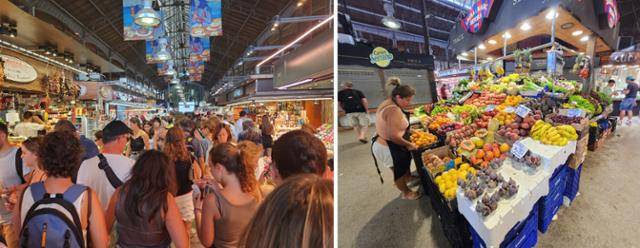 바르셀로나 현지 전통시장인 라보케리아 시장은 관광객들의 필수코스가 됐다. 18일 오후 찾은 이곳은 관광객들로 발 디딜 틈 없었지만 대부분 사진을 찍고 떠났다(왼쪽 사진). 이 시장에서 4대째 장사를 하고 있다는 로레나씨는 "많은 사람들이 사진만 찍고 떠난다"고 말했다. 송주용 기자