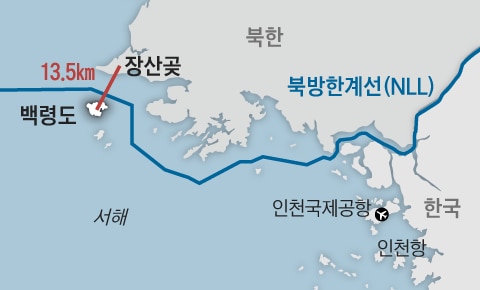 한반도의 전략적 요충지 백령도. 백령도는 한국 본토보다 북한 내륙에 더 가깝다. 황해도 장산곶까지는 13.5km에 불과하다. 북한은 백령도, 연평도 등 서북도서를 호시탐탐 노리고 있다. 연평도 포격, 천안함 폭침 등도 이런 배경에서 벌어진 것으로 분석된다.