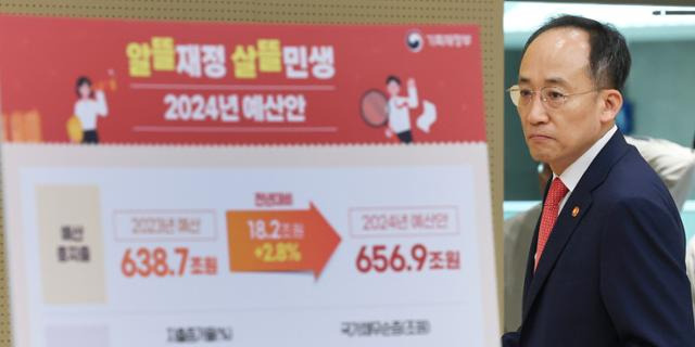 추경호 부총리 겸 기획재정부 장관이 지난달 24일 정부세종청사에서 2024년 예산안 및 2023~2027년 국가재정운용계획을 발표하기 위해 이동하고 있다. 연합뉴스