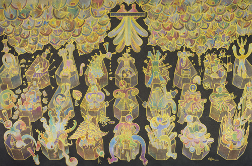 이피, ‘명랑한 죽음, 시끄러운 천국(2019),  ink, watercolor, color pencil, korean gold pigment on korean paper, 2019, 126x191cm   <아트스페이스3>