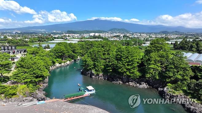 한여름 쇠소깍 풍경 (서귀포=연합뉴스) 박지호 기자 = 폭염이 이어진 7일 오전 제주 서귀포시 하효동 쇠소깍에서 관광객들이 카약을 타고 있다. 2023.8.7 jihopark@yna.co.kr