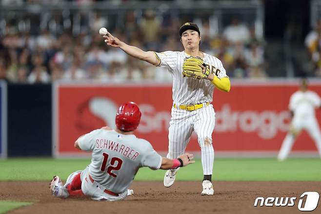 샌디에이고 김하성(오른쪽)이 수비하는 모습.ⓒ AFP=뉴스1