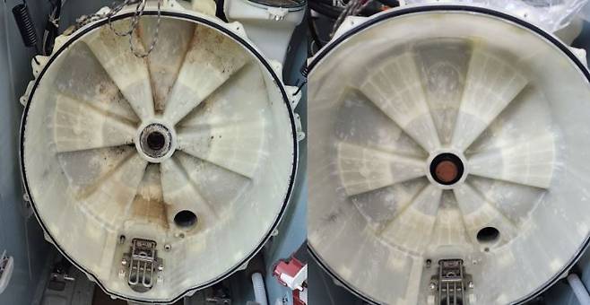 세탁기 인튜브 청소 전(왼쪽)과 청소 후(오른쪽) 비교./이민아 기자