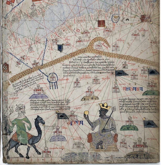 중세의 지도 ‘카탈란 아틀라스’에 그려진 아프리카 말리 부분. 흑인으로 그려진 왕에 대해 “풍성한 황금 덕분에 세상에서 가장 부유하고 고귀한 왕”이라 설명하고 있다. 위키미디어 코먼스