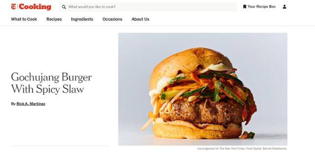 ‘뉴욕 타임스 쿠킹’에 소개된 고추장을 활용한 버거. 한국인이 아닌 외국인이 고추장을 활용한 조리법을 선보였다. 뉴욕타임스 쿠킹 홈페이지 캡처