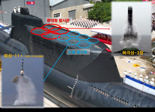 로미오급 잠수함을 개량한 북한 신형 전술핵공격잠수함 ‘김군옥 영웅함’. 10개의 수직발사관 중 4개의 중대형 발사관에는  북극성-3·4·5 ㅅ형,  6대의 소형발사관에는  미니 SLBM , 전략순항미사일 화살-1·2형 등을 탑재할 수 있을 것으로 추정된다. 양욱 아산정책연구원 연구위원 제공