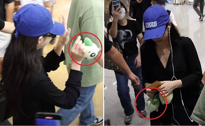 지난 3일 월드투어 일정을 마치고 인천국제공항을 통해 입국한 블랙핑크 ‘제니’가 팬에게서 선물받은 양파쿵야 인형을 손에 쥐고 있다. [유튜브 채널 ‘비몽’ 캡처]