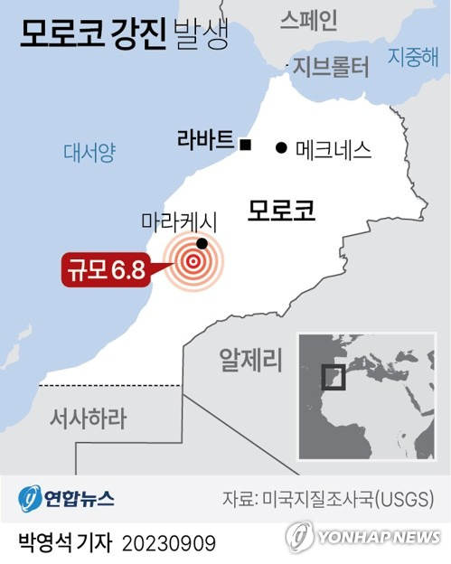 [그래픽] 모로코 강진 발생 (서울=연합뉴스) 박영석 기자 =  8일(현지시간) 모로코 마라케시 남서쪽 약 71km 지점에서 규모 6.8의 지진이 발생해 수도 라바트 등지에 100명 가까운 인명이 숨진 것으로 집계됐다고 AP, AFP, 로이터, 스푸트니크 통신 등 외신이 보도했다.
    zeroground@yna.co.kr
    트위터 @yonhap_graphics  페이스북 tuney.kr/LeYN1