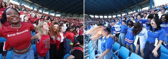 지난 8일 오전 서울 양천구 목동야구장에서 열린 고려대·연세대 친선경기대회(고연전)에서 고려대(왼쪽)와 연세대 학생들이 열띤 응원을 하고 있다.  정기 고연전은 야구·농구·빙구·럭비·축구 5개 종목에서 두 대학 선수들이 겨루는 대회다.  고려대가 행사를 주최하는 해에는 연고전, 연세대가 주최하는 해에는 고연전이 정식 명칭이다. 뉴스1