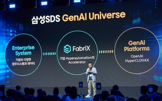 구형준 삼성SDS 클라우드서비스사업부장이 '리얼서밋 2023'에서 '패브릭스'에 대해 발표하고 있다. 삼성SDS 제공