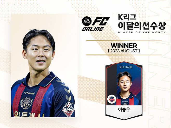 K리그1 수원FC 이승우가 8월 K리그 이달의 선수상을 받는다. /사진= 한국프로축구연맹