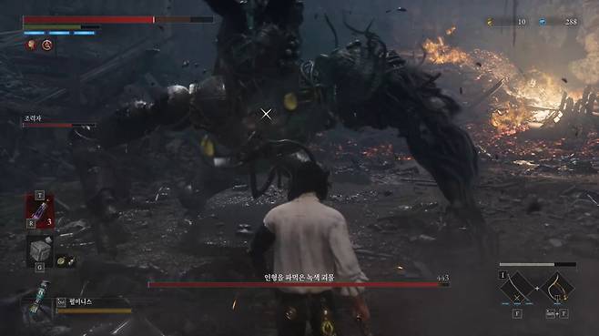 캐릭터의 체력에 보이는 희미한 붉은 수치가 회복 가능한 '가드리게인' 수치.