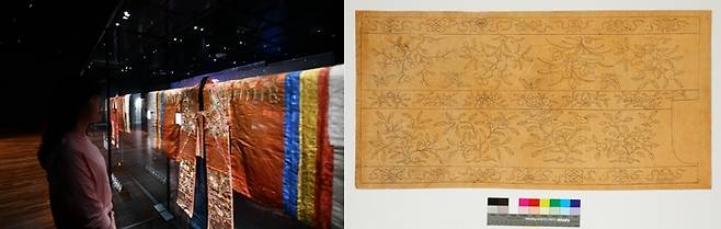 ‘활옷 만개(滿開)-조선왕실 여성 혼례복’ 특별전 전시장 전경 일부(왼쪽)와 ‘덕온공주 홍장삼 자수본’. 국립고궁박물관 제공