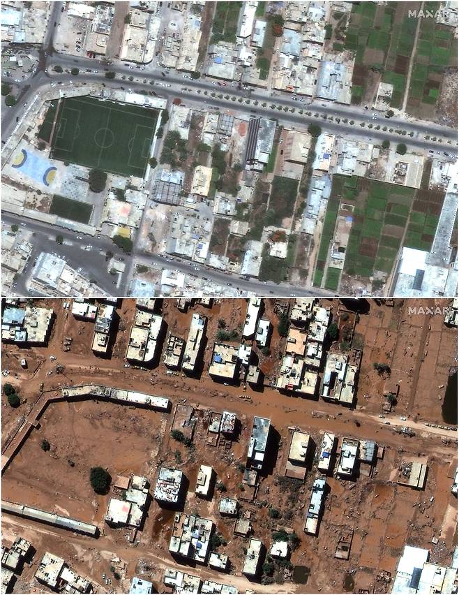 대홍수가 발생하기 전과 후의 리비아 데르나시 위성사진. 위는 지난 7월 1일, 아래는 9월 13일에 촬영됐다. 축구경기장과 경작지 등이 모두 사라진 모습이다. /로이터 연합뉴스