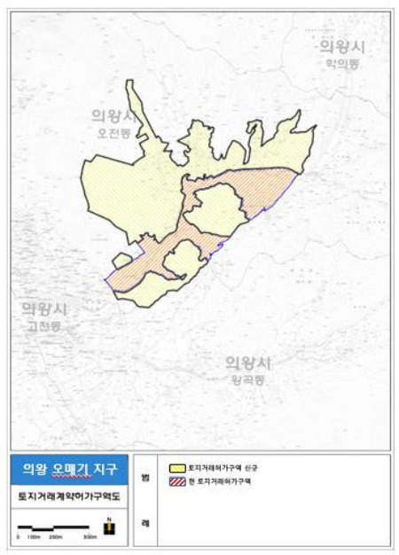 경기도는 '의왕 오매기지구' 도시개발사업 예정지역 변경에 따라 의왕시 오전동 일원 총 1.06㎢를 2024년 9월 18일까지 1년간 토지거래허가구역으로 지정했다. 사진은 위치도. / 사진제공=경기도