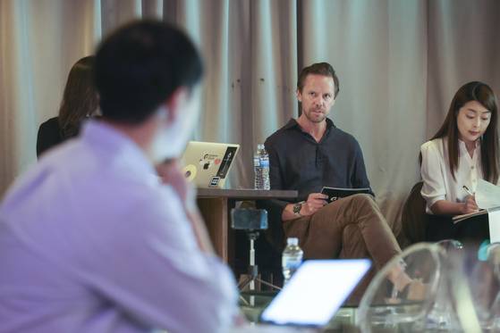 Epidemic Sound CBDO Tom Höglund, second from right, answers questions during a press event held in Seoul on Sept. 15. [EPIDEMIC SOUND]
