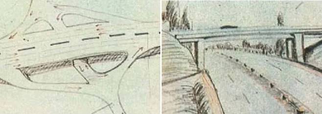 박정희 대통령이 직접 스케치한 고속도로 나들목과 경부고속도로의 구상도. [박정희기념관]