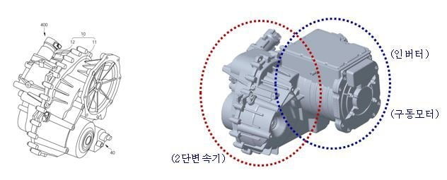 (왼쪽부터) 전기차용 2단 변속 시스템, 전기차용 일체형 구동모듈 디자인 특허 / 사진=우수AMS