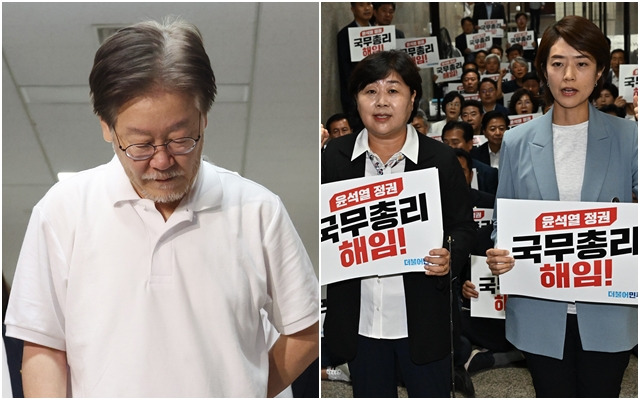 단식 중인 더불어민주당 이재명 대표가 17일 오후 수척해진 모습으로 국회 당 대표실 앞을 걸어가고 있다. 오른쪽 사진은 당 대표실 앞에서 대통령실 발언 관련 규탄 성명을 발표한 뒤 국무총리 해임과 내각 총사퇴를 요구하는 서영교, 고민정 최고위원 등 민주당 의원들. 연합뉴스, 공동취재사진