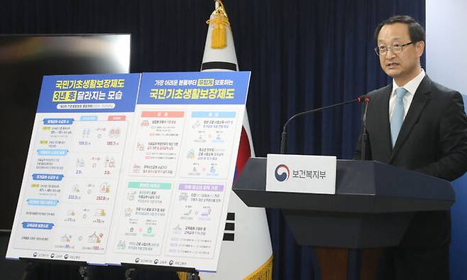 전병왕 보건복지부 사회복지정책실장이 19일 서울 종로구 정부서울청사에서 제3차 기초생활보장 종합계획 발표하고 있다. 뉴시스