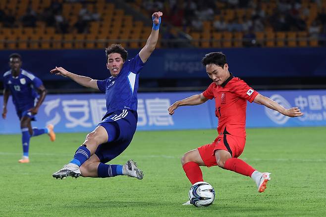 ▲ 19일 중국 항저우 진화 스포츠센터에서 열린 2022 항저우 아시안게임 남자축구 조별리그 E조 1차전에서 쿠웨이트를 9-0으로 크게 이겼다.&nbsp;ⓒ연합뉴스