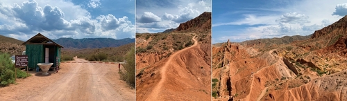 동화 협곡 매표소(좌측)와 가파른 붉은 절벽을 따라 나 있는 협곡으로 가는 길. 노란색과 빨간색, 주황색 등 다채로운 암석의 컬러를 자랑한다.