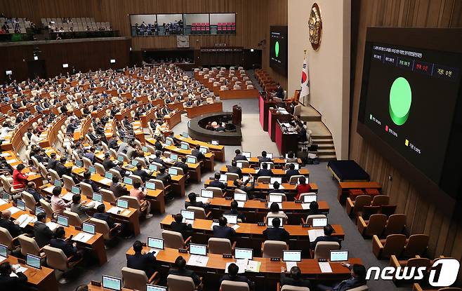 21일 오후 서울 여의도 국회에서 열린 제410회 국회(정기회) 제8차 본회의에서 교원의 지위 향상 및 교육활동 보호를 위한 특별법 일부개정법률안이 통과되고 있다. 2023.9.21/뉴스1 ⓒ News1 임세영 기자