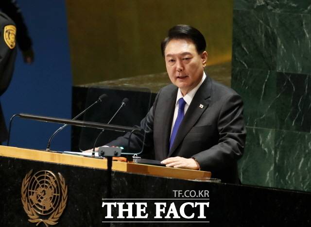 윤석열 대통령이 20일(현지시간) 유엔총회 기조연설에서 무탄소에너지 플랫폼인 'CF연합' 결성을 예고했다. /뉴시스
