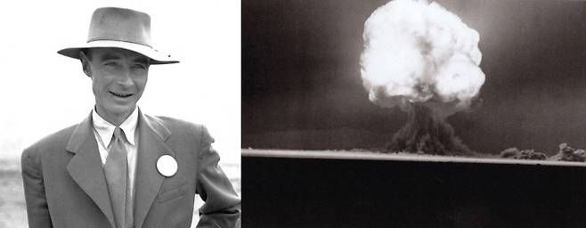 미국의 핵무기 개발 프로그램인 ‘맨해튼 프로젝트’를 주도한 물리학자 로버트 오펜하이머(왼쪽)와 1945년 7월 16일 미국 뉴멕시코주 알라모고르도에서 실시된 세계 최초의 원자폭탄 실험으로 거대한 버섯구름이 솟아오르는 모습. AP연합뉴스·Atomic Heritage Foundation