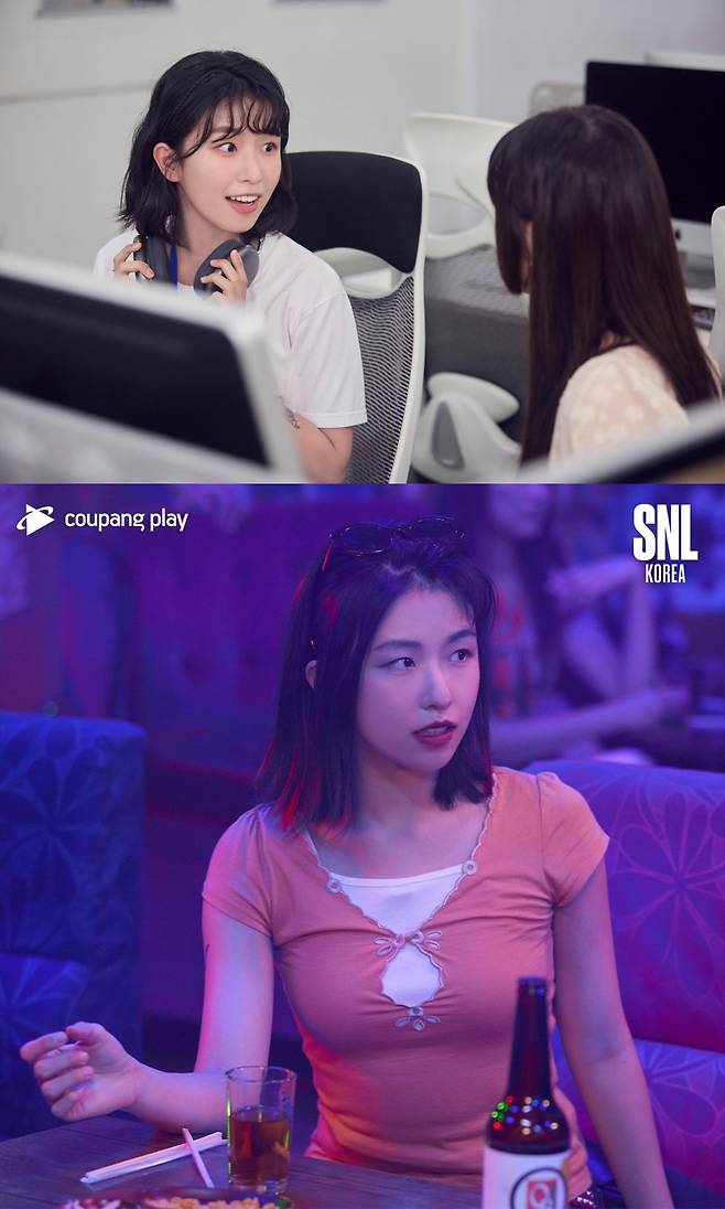 윤가이가 ‘SNL코리아4’의 ‘MZ오피스’와 ‘선데이 90’ 코너에서 각각 연기한 해맑은 신입과 X세대 캐릭터(위부터). 사진제공|쿠팡플레이