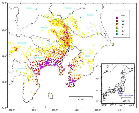 간토 대지진 당시 지진 세기. 지진 세기(진도)를 10등급으로 나눠 표시하는 일본 기상청 방식으로 표시한 것이다. [자료: Bulletin of the Seismological Society of America]