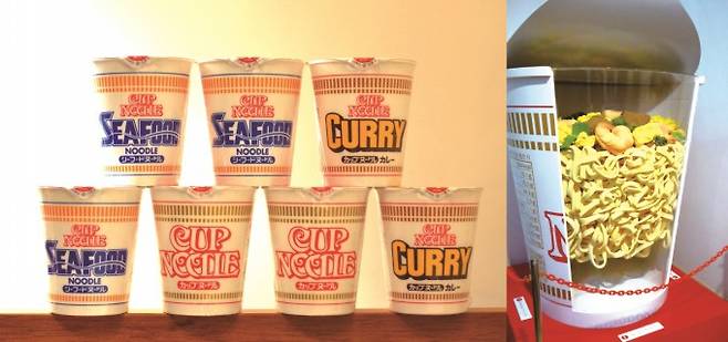 닛신 식품의 컵라면 ‘컵누들’(왼쪽), 안도 모모후쿠 회장이 고안한 ‘중간 유지법’. 면이 부서지는 문제를 막았다.(오른쪽). Puamelia(F), Tokumeigakarinoaoshima(w) 제공