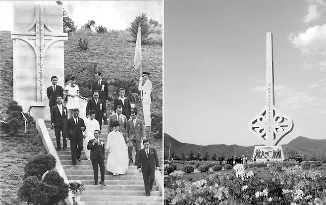 1970년 7월 경부고속도로 개통식에 앞서 경부고속도로 순직자 위령탑을 찾은 박정희 대통령 내외가 추모를 마치고 계단을 내려가고 있다. 이 위령탑은 현재 금강휴게소 건너편에 위치해 있다(왼쪽 사진). 오른쪽은 그해 12월 경부고속도로 준공을 기념해 건설부에서 세운 경부고속도로 준공기념탑. 나들목 모양을 형상화한 높이 30.3m의 기념탑은 경부고속도로 중간 지점인 추풍령휴게소에 세워졌다. [국가기록원·정부기록사진집]