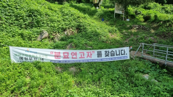 분묘 연고자를 찾습니다 - 지난 7월 경기 동두천의 한 공동묘지에 무덤의 연고자를 찾는 현수막이 걸려있다. 이곳에 있는 1000여기의 묘지 중 대부분은 연고자를 알 수 없는 묘지다. 한지은 기자