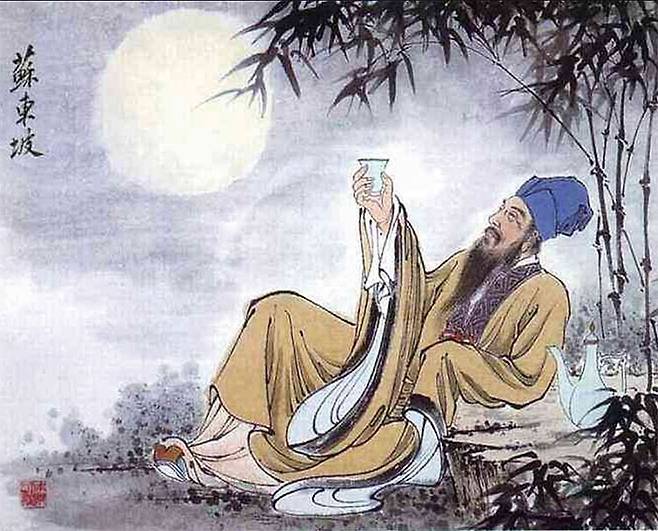 소식이 중추절 밤에 술잔을 들고 달을 보며 멀리 있는 동생 소철을 그리워하고 있다. 사진 바이두