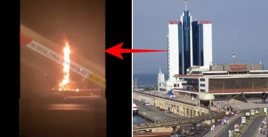 24일(현지시간) 한밤중 러시아의 미사일 공습을 받은 오데사 호텔이 거대한 불기둥으로 변한 모습. X 캡처