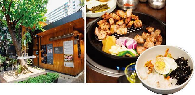 목동의 핫플 일미락의 전경과 대표 메뉴인 숙성 돼지고기, 칼비빔면(왼쪽부터).