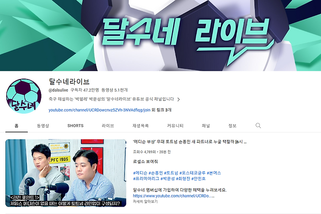 축구 기자 출신이자  ‘박문성’ 스포츠 해설가가 운영하는 ‘달수네라이브’ 유튜브 채널도 축덕들이 즐겨 찾는 채널 중 하나다.