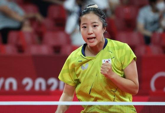 2020 도쿄 올림픽 당시 신유빈의 화이팅을 외치는 모습. 사진=연합뉴스